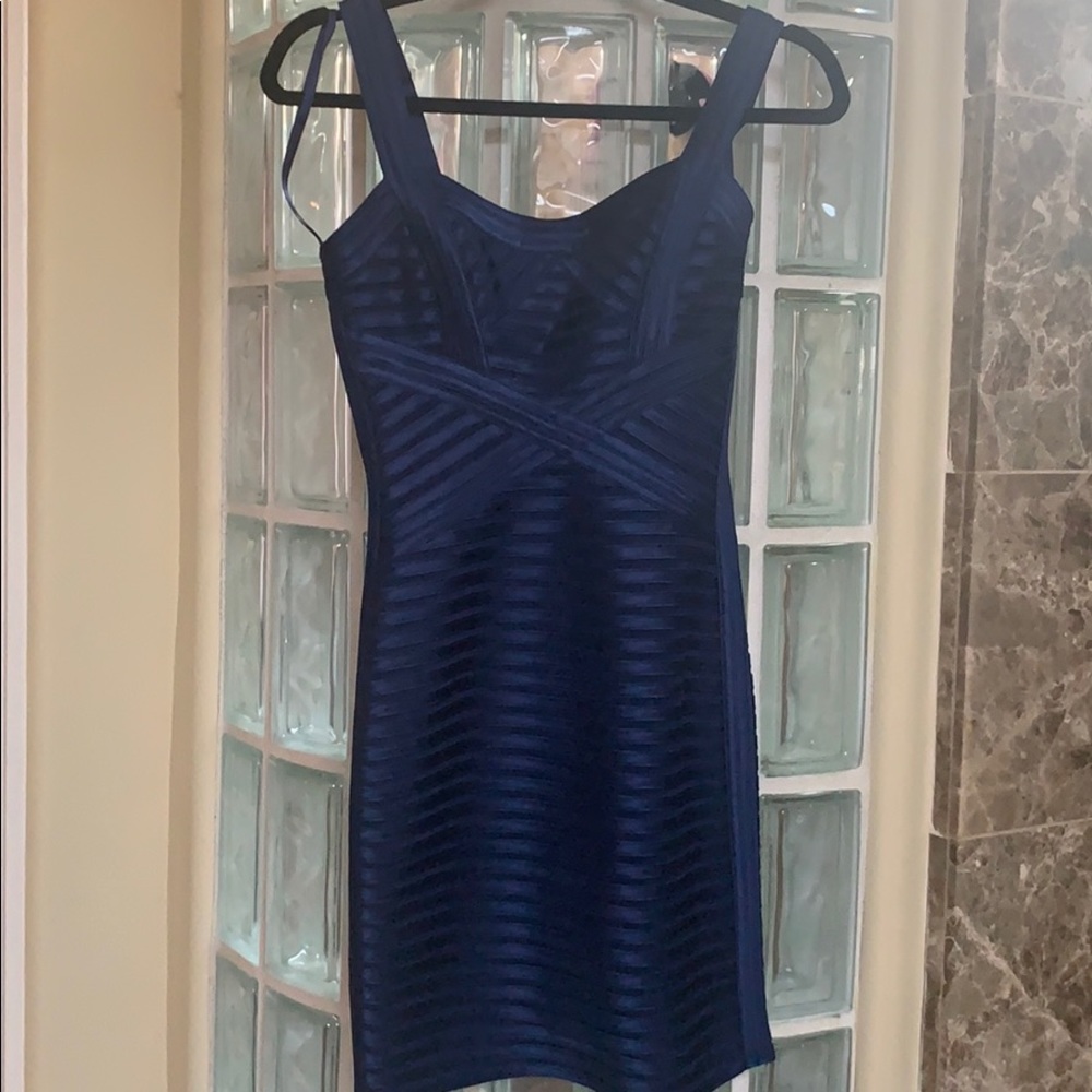 BCBG maxazria Rivas metallic navy blue dress